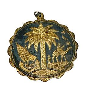 Vintage Middle Eastern Brass Pendant Palm Tree Camel Dhow Boat Desert Scene